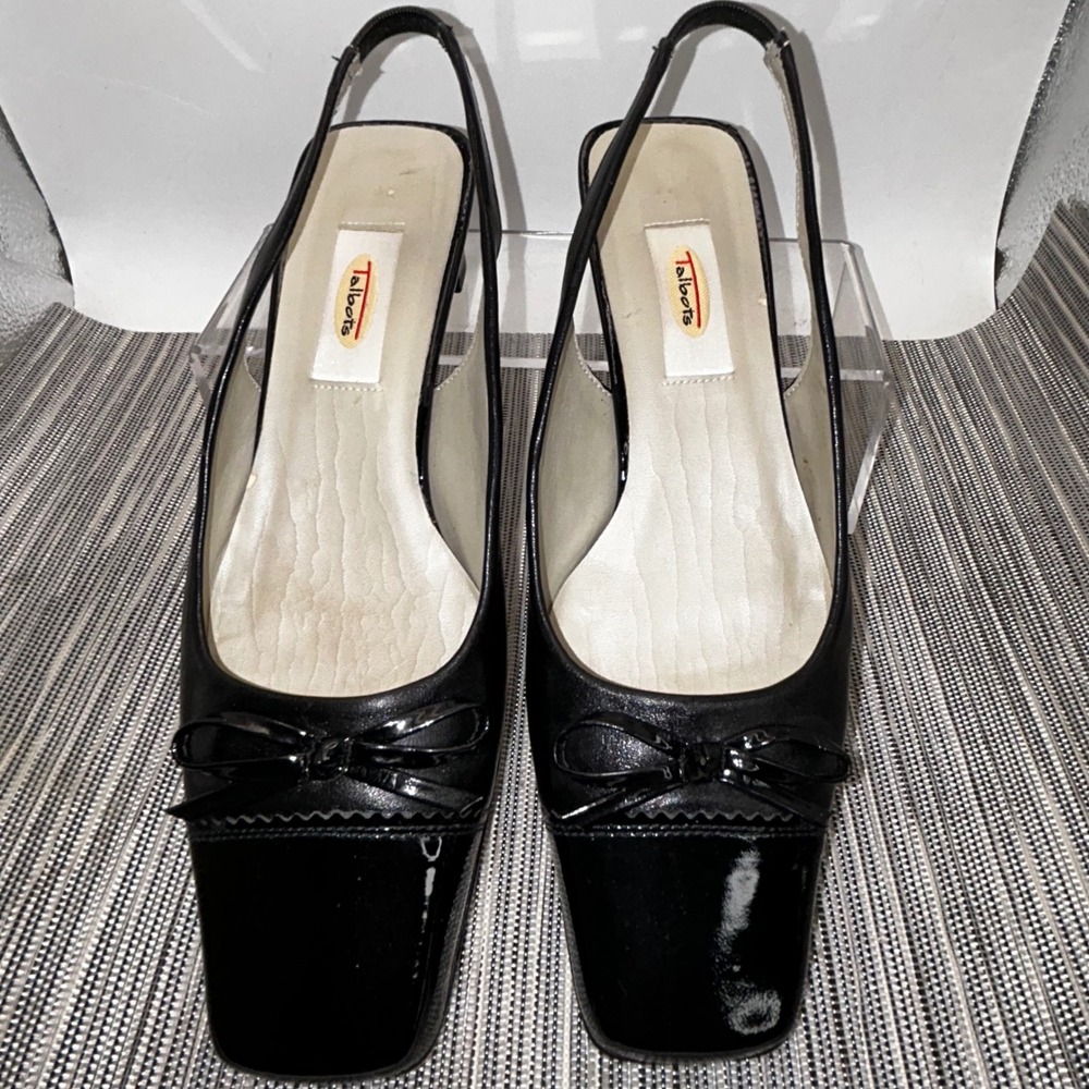 Talbots Black Leather Slingback Pumps Square Patent Toe Bow Heels Spain 5.5 B